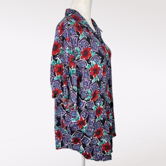 Vintage 80’s Fritzi Shirt Sleeve Button Down Shirt Floral Hawaiian Style Large - Picture 6 of 9